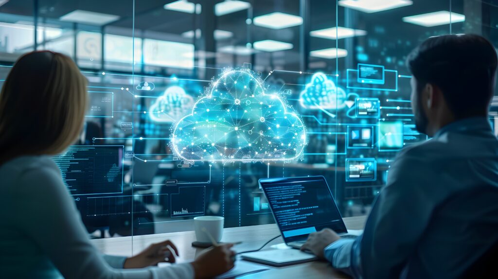 a man and woman sitting at a desk with a laptop and a cloud