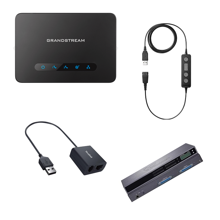 Verschiedenes Hardware-Zubehör für Cloudtelefonie, darunter ein Gateway und Adapter.