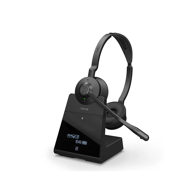 Headset mit Kopfhörer, Mikrofon und Ladestation mit Display.